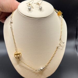 Gold Filled and Silver Tone Necklace and Earring Set paper clip chain
